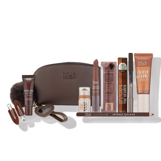 a makeup bag with various makeup products