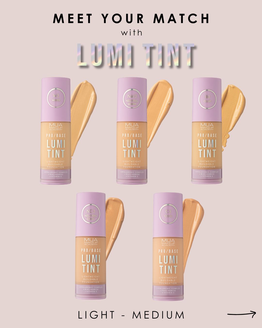 a group of different shades of foundation