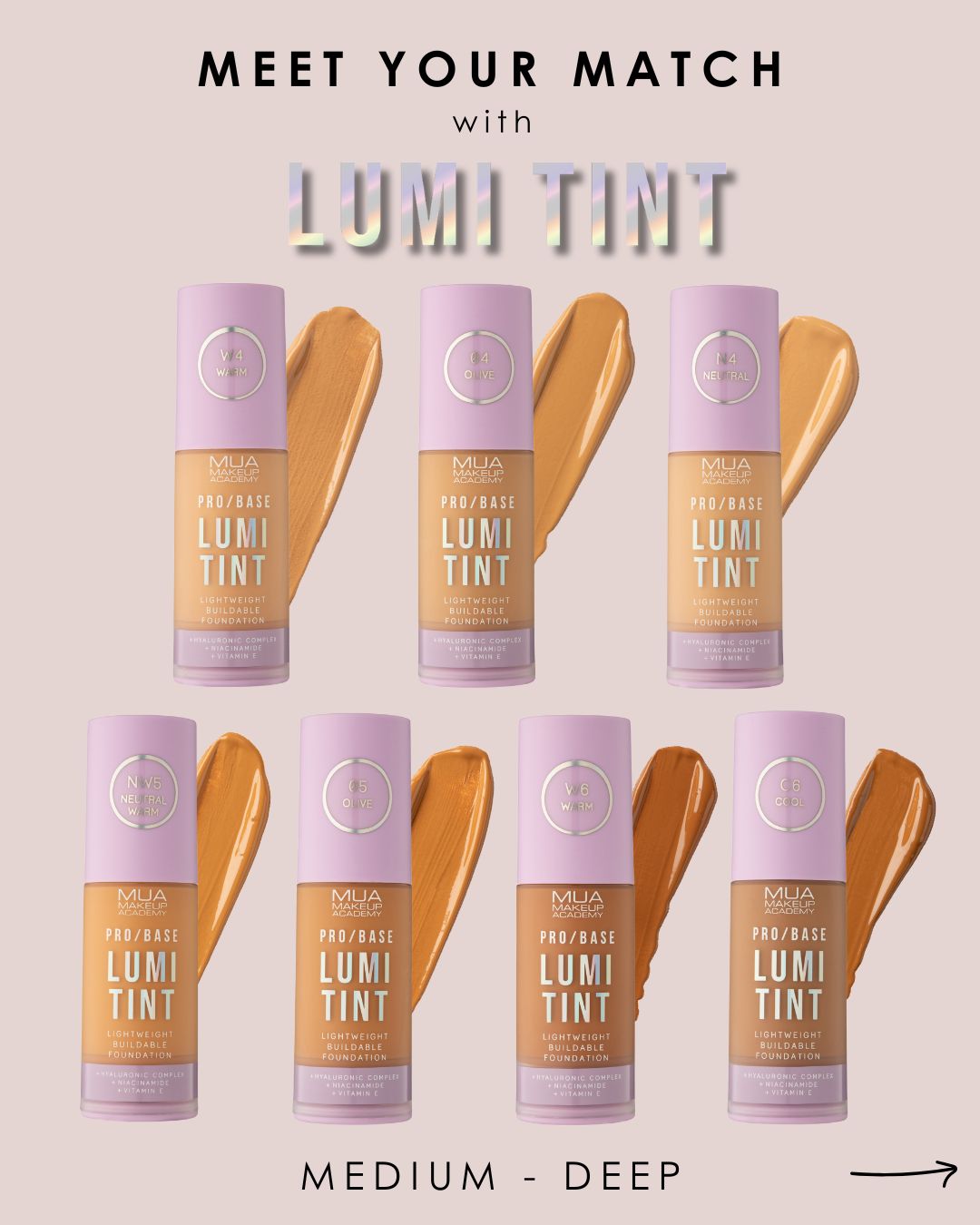 a group of different shades of foundation