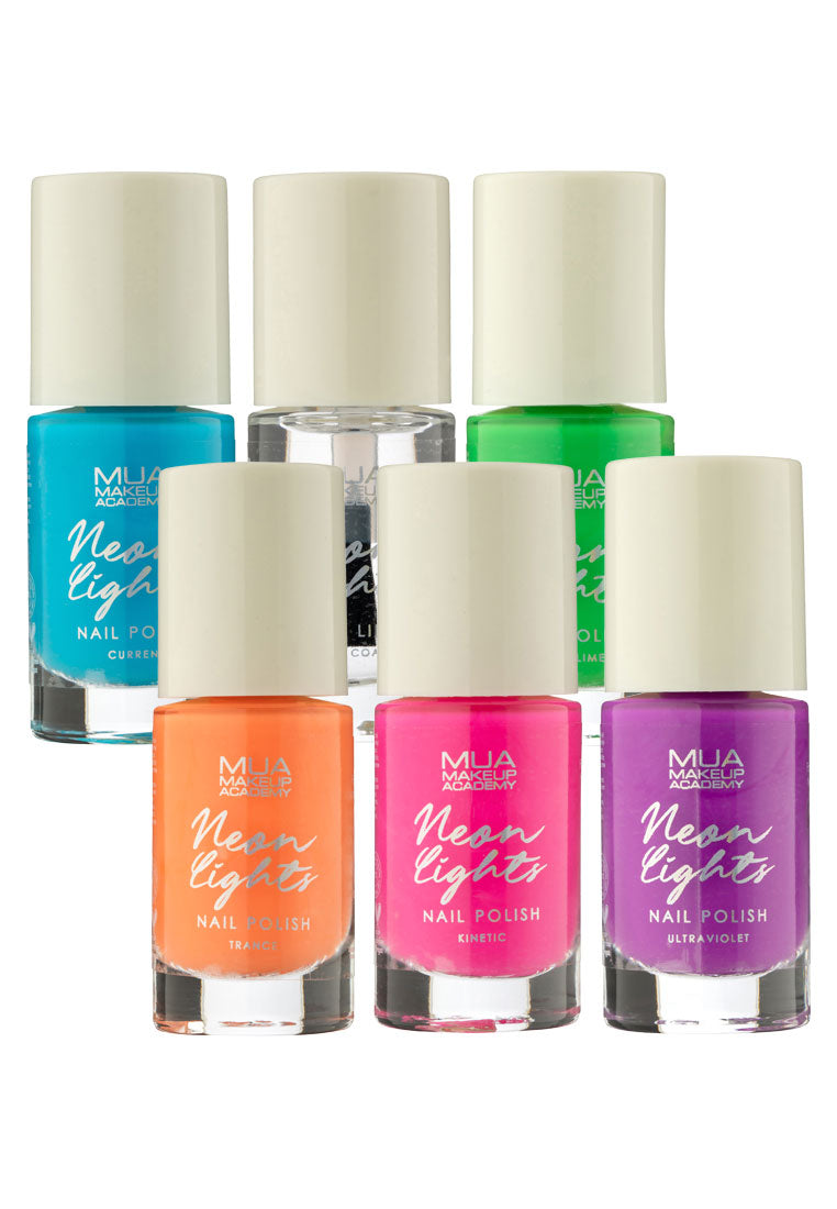 MUA Neon Lights Nail Polish Gift Set including x5 neon nail polishes & gel like top coat