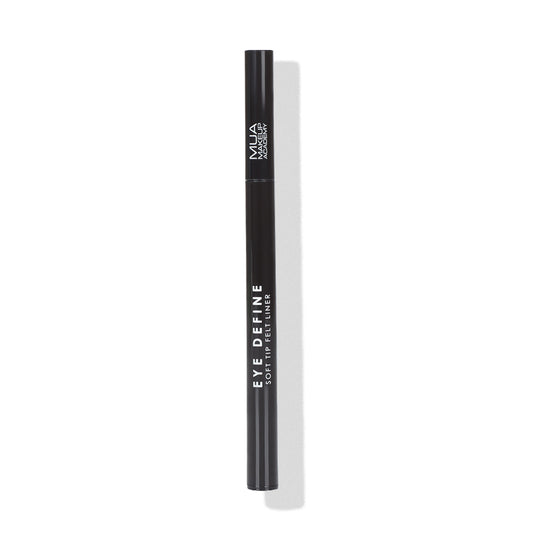 a black eyeliner with white text