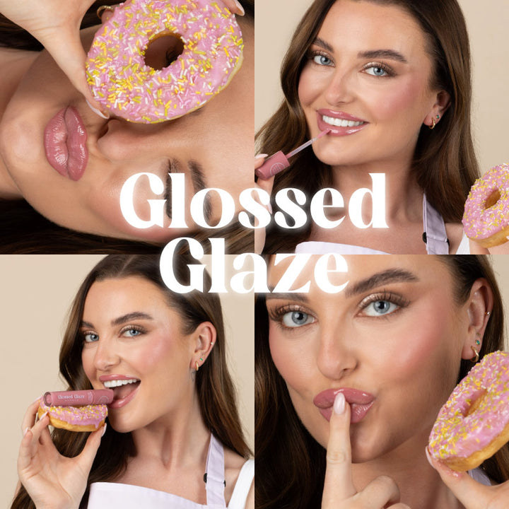 a collage of a woman eating a donut