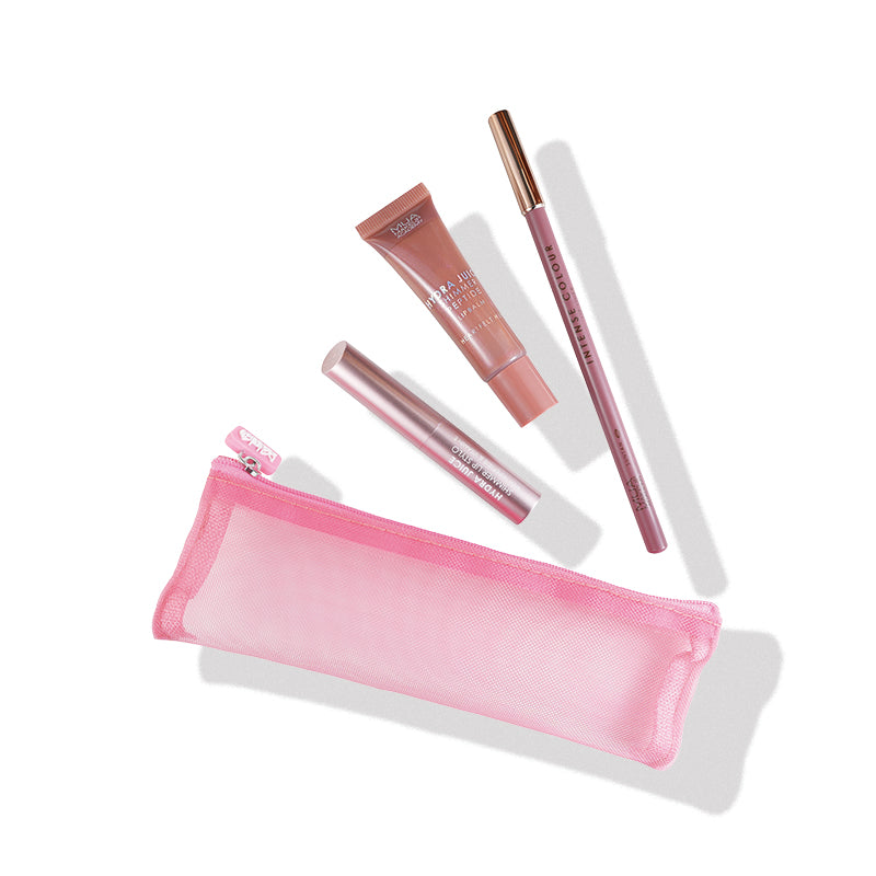 a pink bag with makeup products