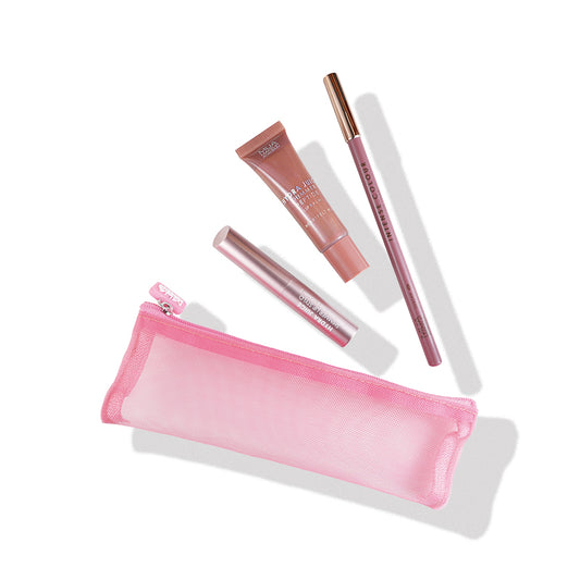 a pink bag with makeup products