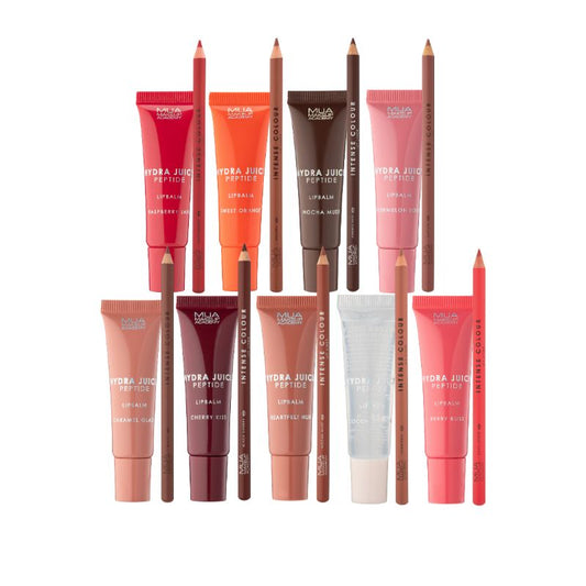 a group of lip glosses and pencils