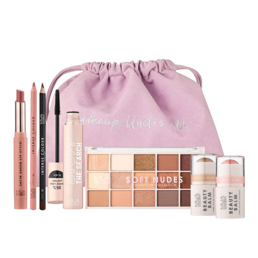 a makeup bag with a variety of makeup products