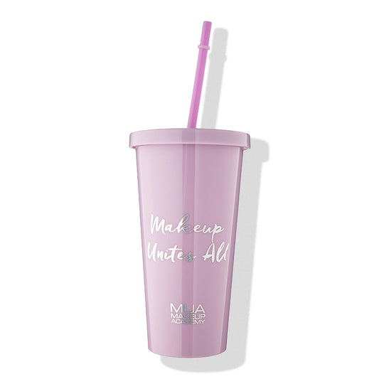 a pink cup with a straw