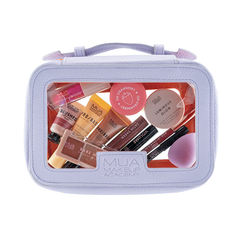 a bag with makeup products in it