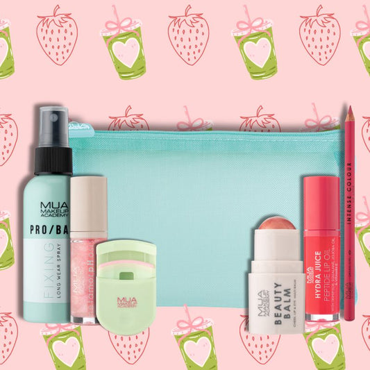 a makeup bag with a variety of cosmetics