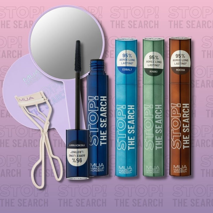 MUA Makeup Academy Stop The Search Reloaded Bundle - Including 4 NEW shades - Mocha, Khaki, Cobalt, French Navy, Stop The Search Handheld Mirror, & Nude Lash Curler.