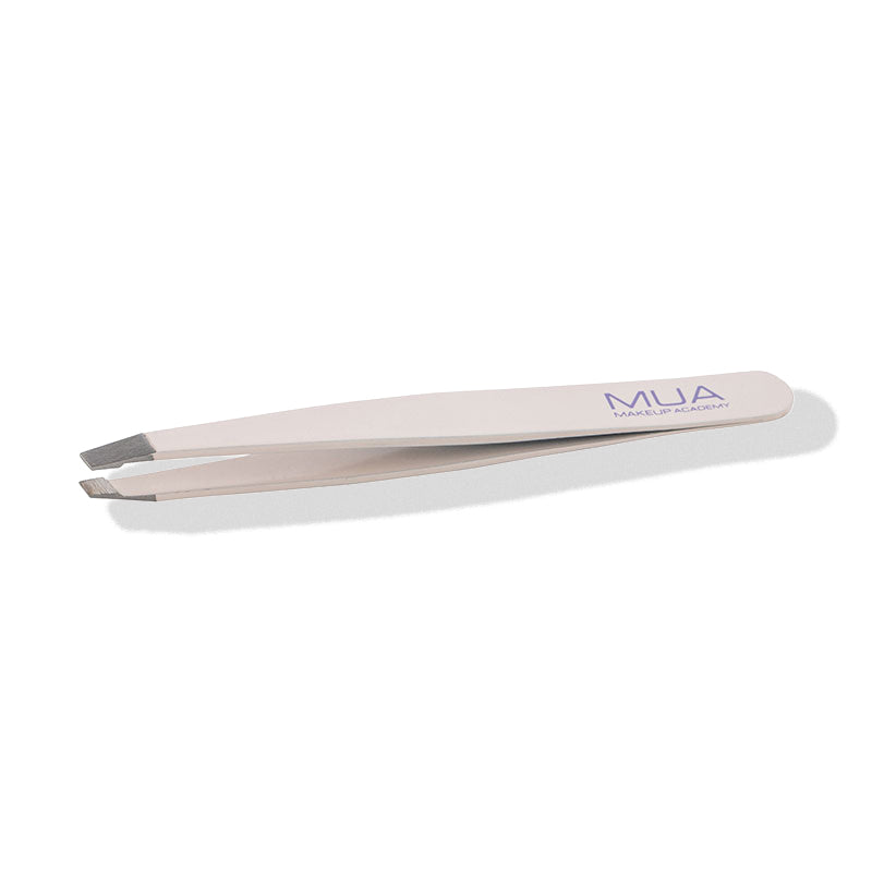 a white tweezers with purple writing on it