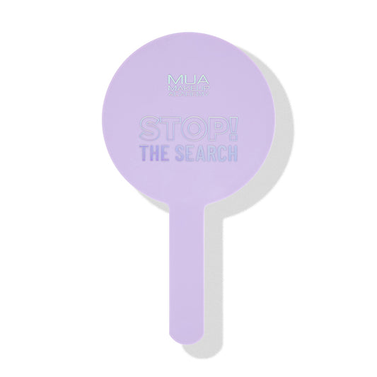 a purple hand mirror with text on it