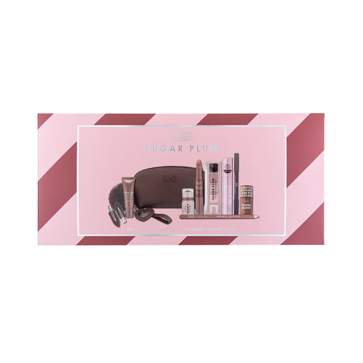 a pink and white striped box with a variety of cosmetics