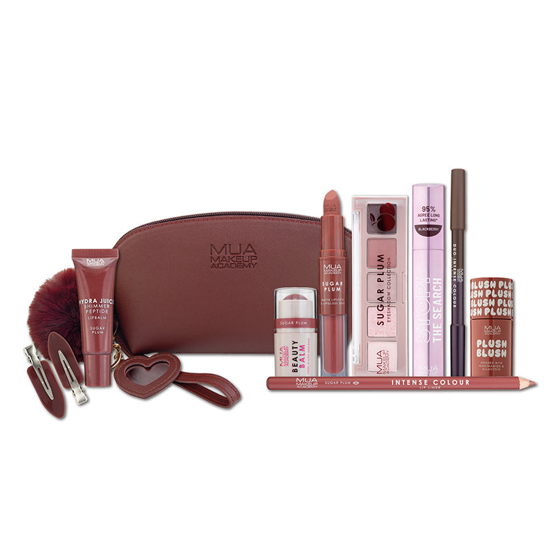 a makeup bag with a variety of makeup products
