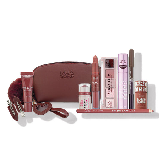 a makeup bag with a variety of makeup products
