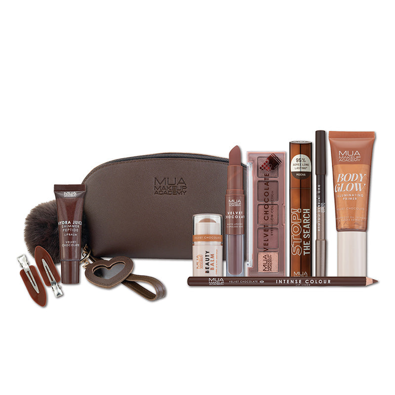 a makeup bag with various makeup products