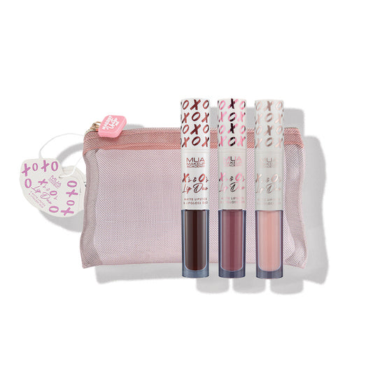 a group of lip glosses in a pink bag